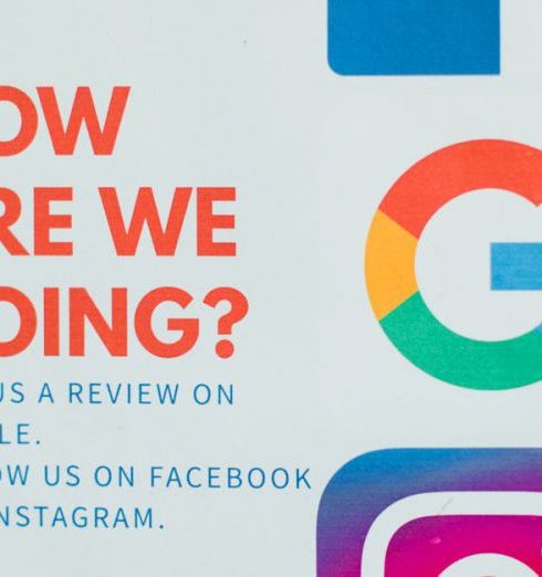 Customer Feedback - Poster encouraging reviews on Google, Facebook, and Instagram.