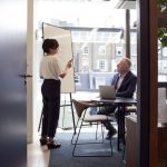 Consultant - Colleagues engage in a strategic business meeting in a contemporary London office with city views.